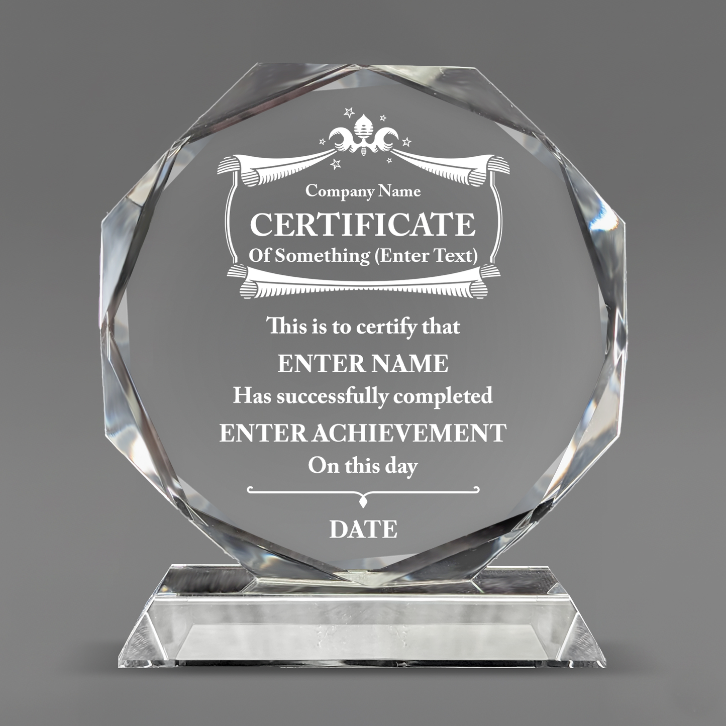 Company Name Certificate - Optic Crystal Octagon Award