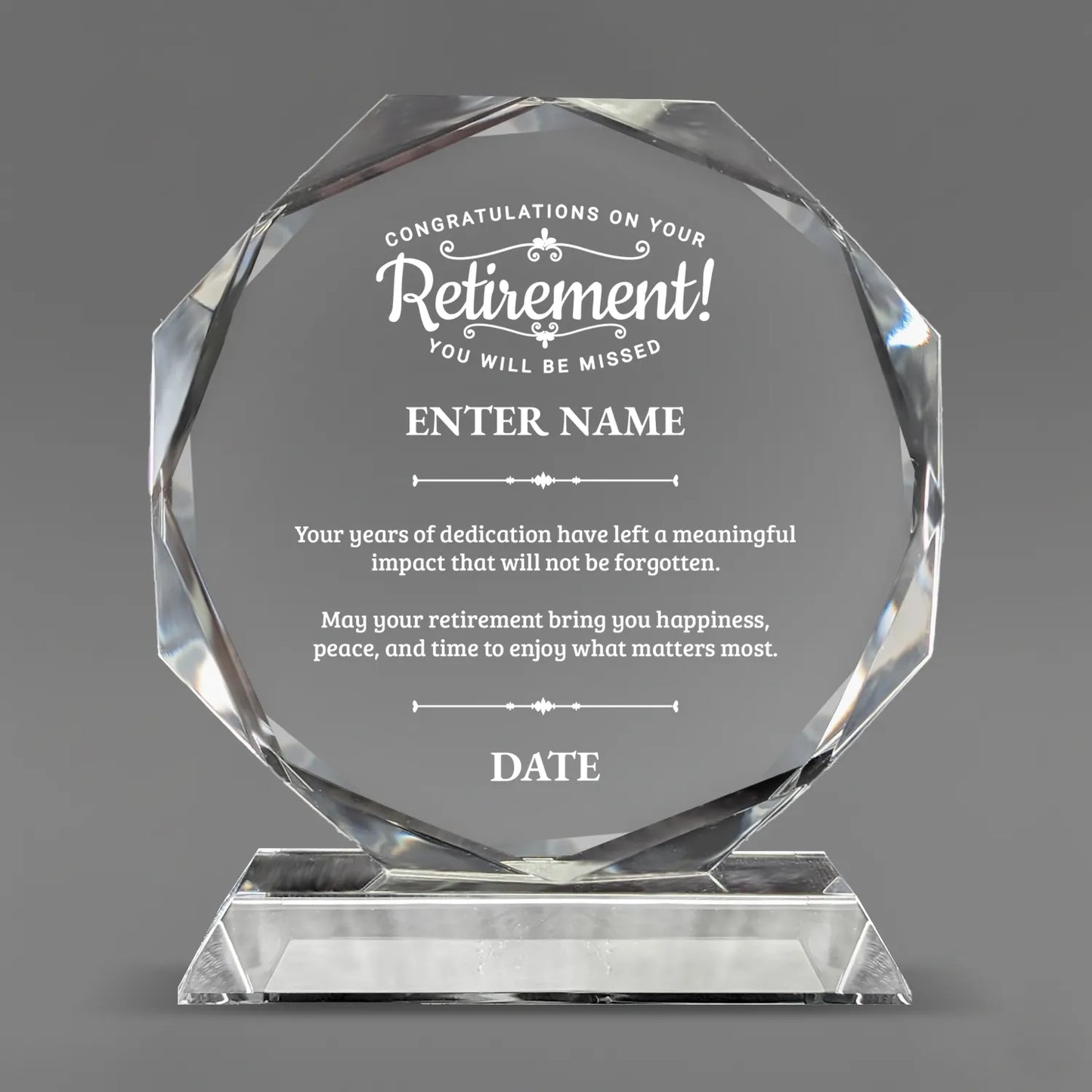 Retirement Awards - Crystal Glass Octagon Award - Personalize Online - Choose From 5 Designs