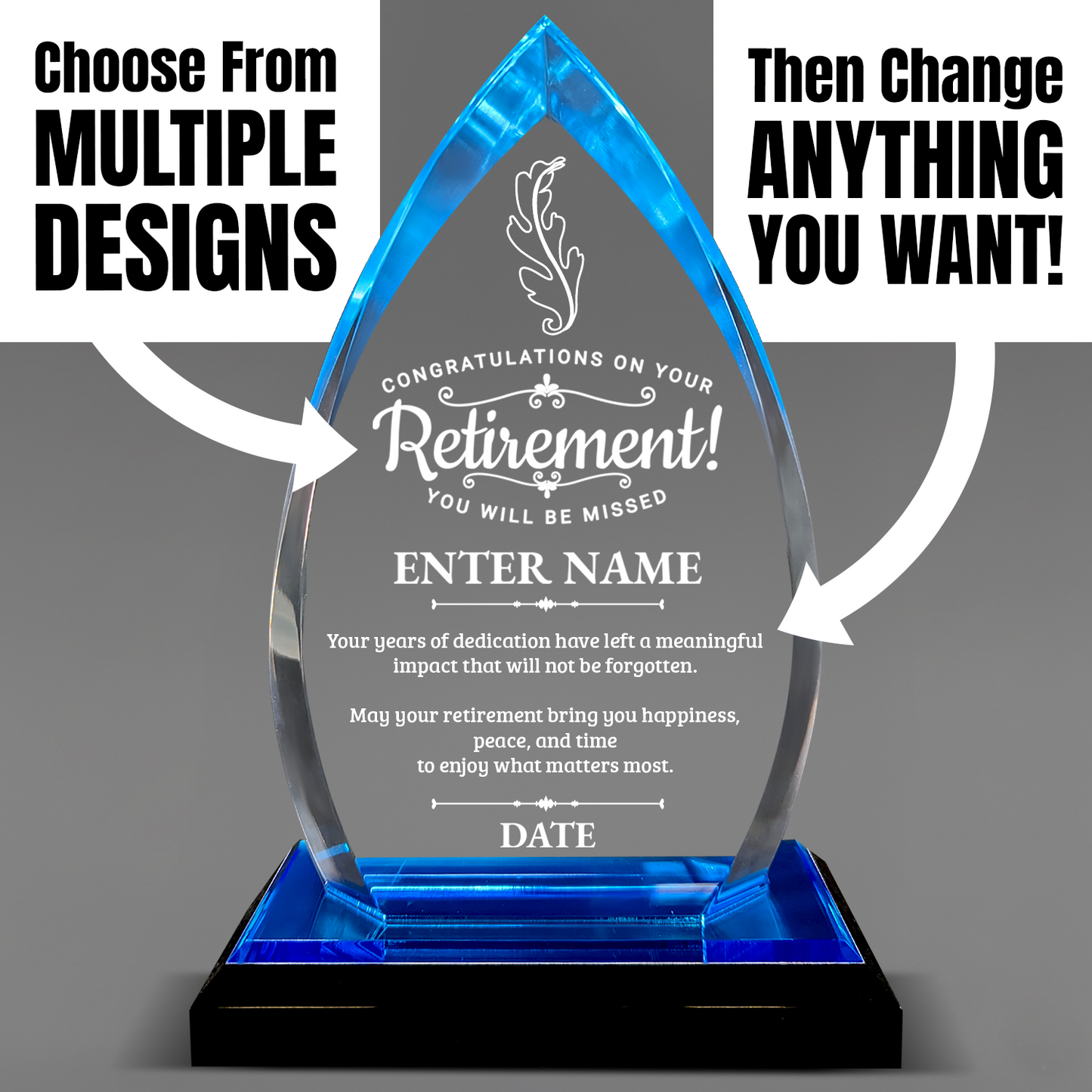 Retirement Awards - Acrylic Blue Oval Award - Personalize Online - Choose From 5 Designs