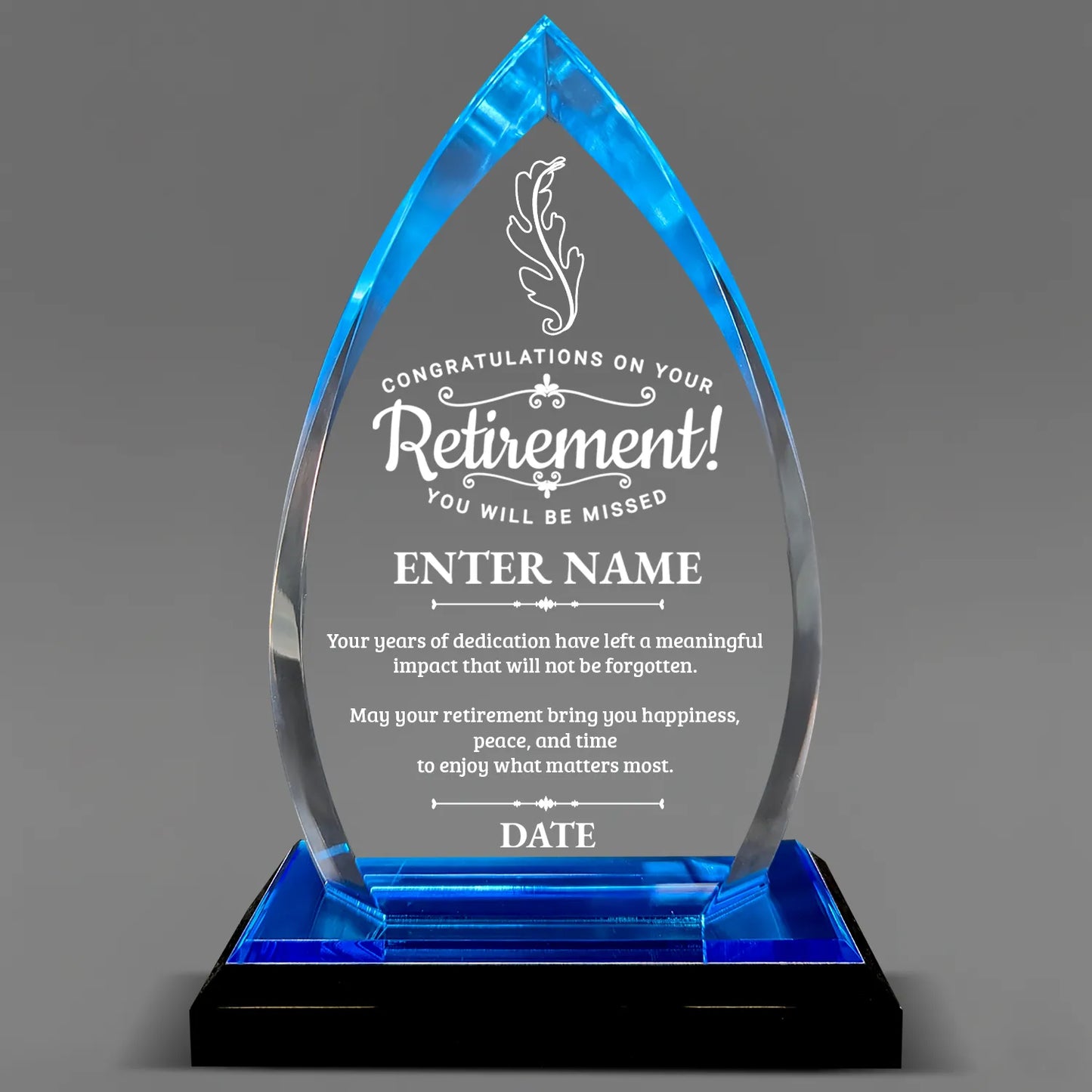 Retirement Awards - Acrylic Blue Oval Award - Personalize Online - Choose From 5 Designs