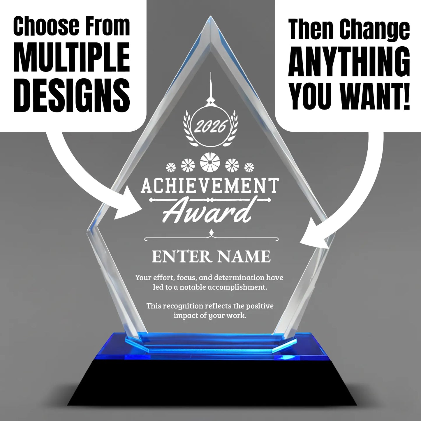 Achievement Awards - Blue Arrow Acrylic  Award - Personalize Online - Choose From 5 Designs