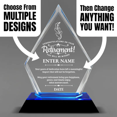Retirement Awards - Blue Arrow Acrylic Award - Personalize Online - Choose From 5 Designs