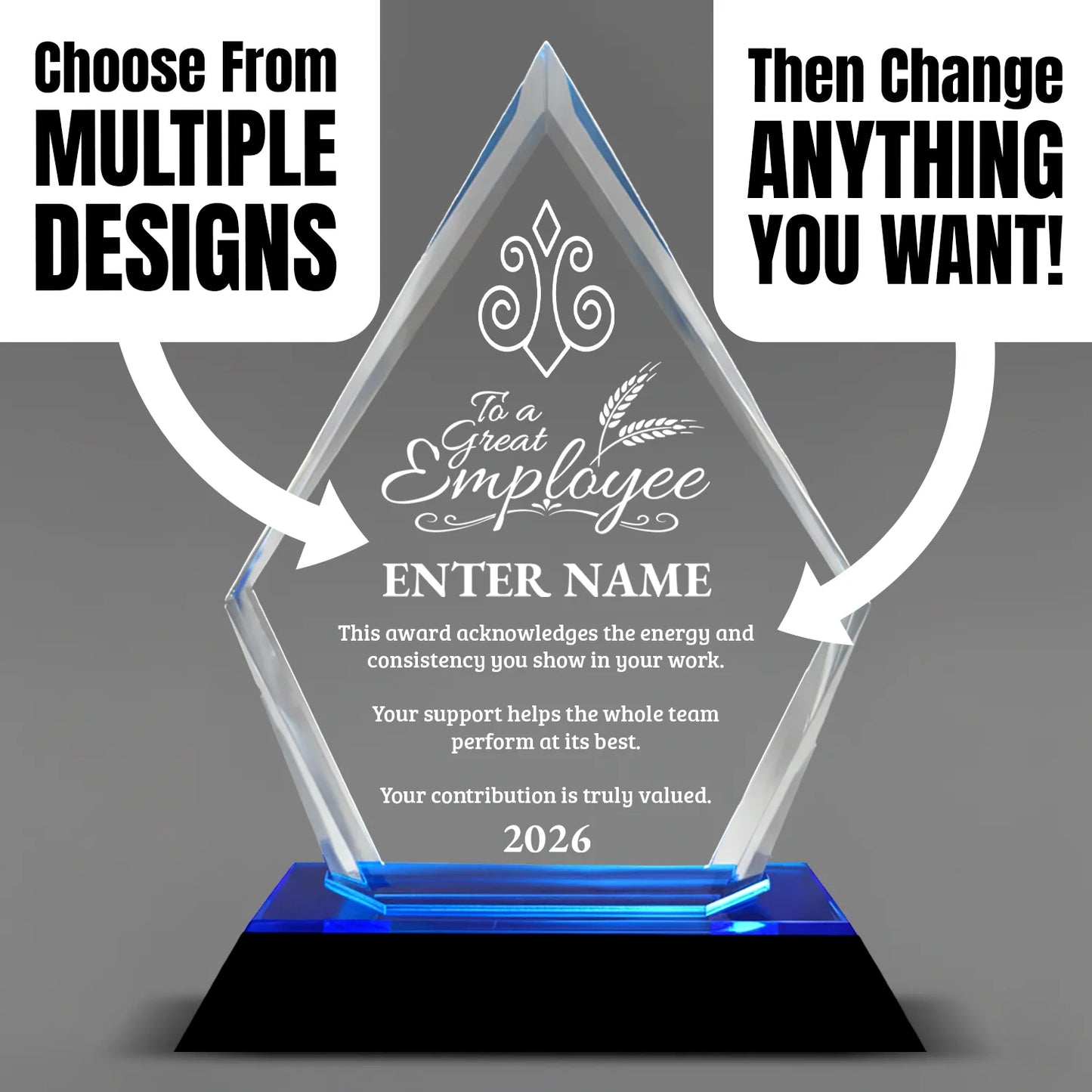 Employee Appreciation Awards - Blue Arrow Acrylic Award - Personalize Online - Choose From 5 Designs
