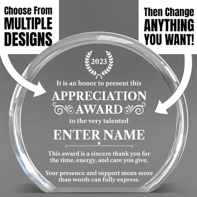Appreciation Awards - Clear Round Acrylic Awards - Personalize Online – Choose From 5 Designs