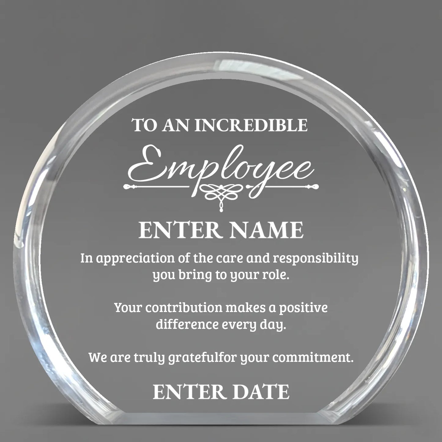 Employee Appreciation Awards - Clear Round Acrylic Awards - Personalize Online - Choose From 5 Designs