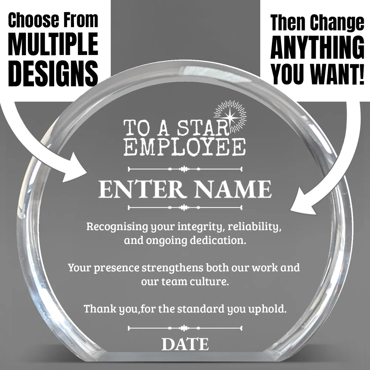 Employee Appreciation Awards - Clear Round Acrylic Awards - Personalize Online - Choose From 5 Designs