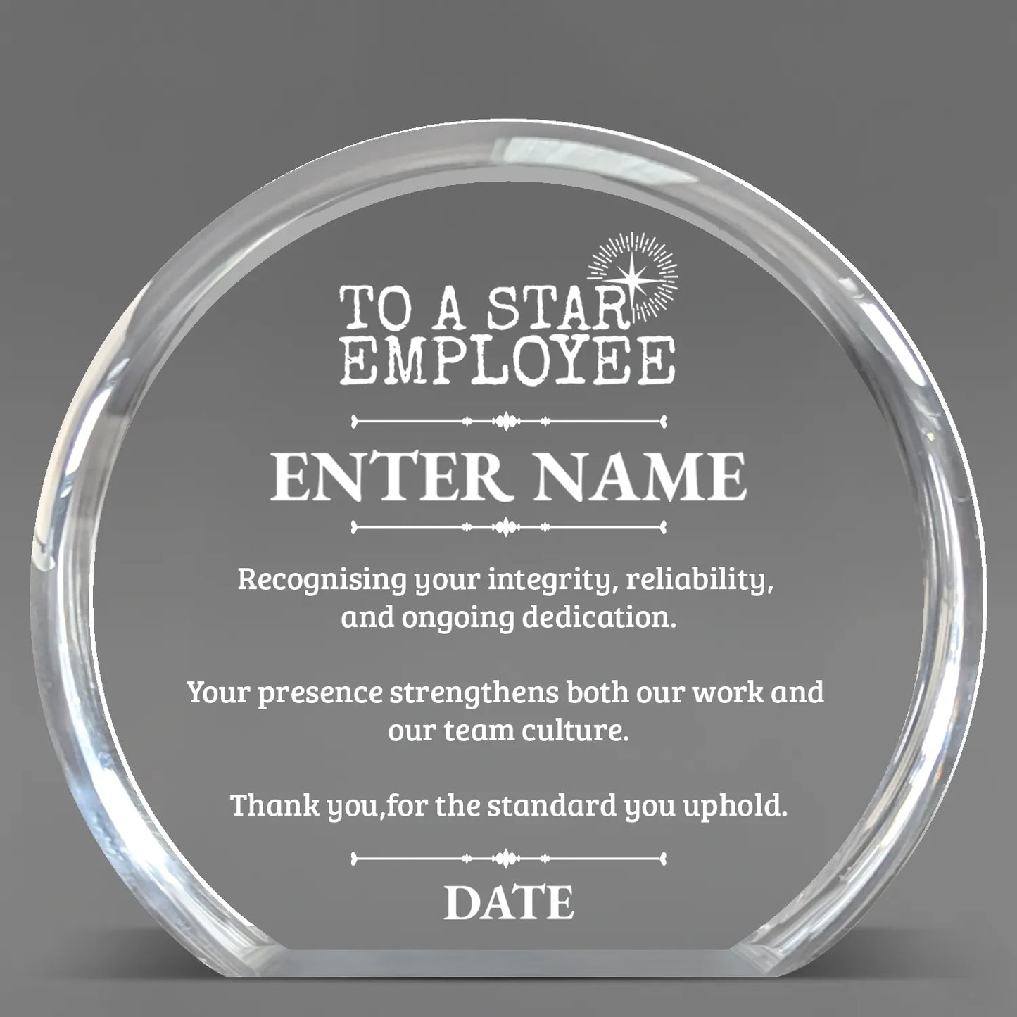 Employee Appreciation Awards - Clear Round Acrylic Awards - Personalize Online - Choose From 5 Designs