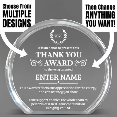 Thank You Awards - Clear Round Acrylic Awards - Personalize Online – Choose From 5 Designs