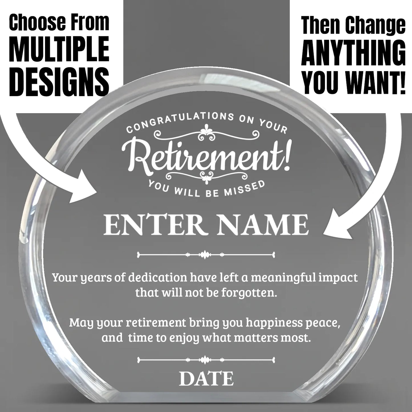 Retirement Awards - Clear Round Acrylic Awards - Personalize Online – Choose From 5 Designs