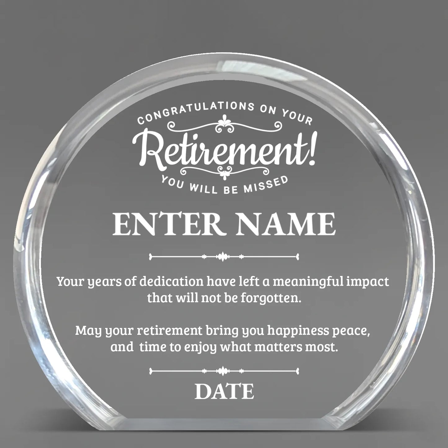 Retirement Awards - Clear Round Acrylic Awards - Personalize Online – Choose From 5 Designs