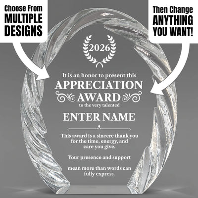 Appreciation Awards - Oval Crystal with Decorative Edge Awards - Personalize Online – Choose From 5 Designs