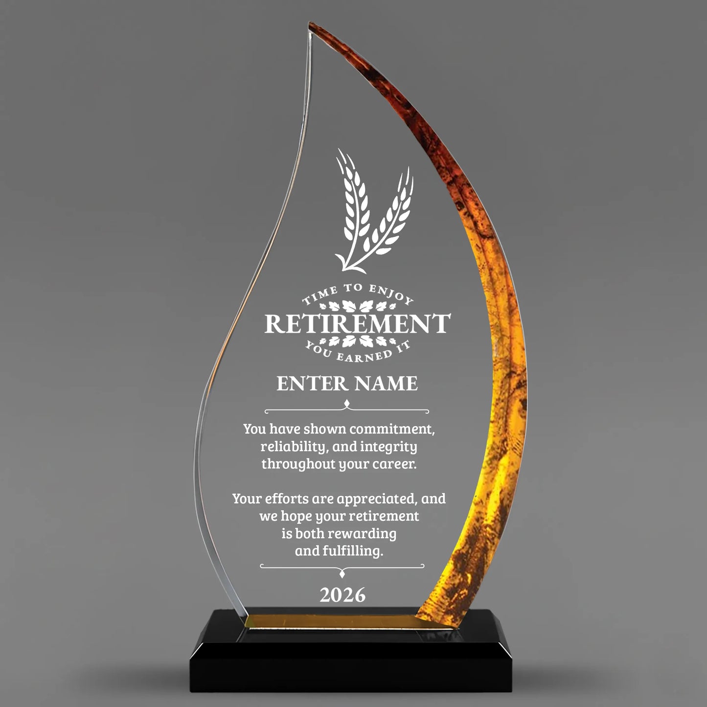 Retirement Awards - Acrylic Gold Flame Awards - Personalize Online – Choose From 5 Designs