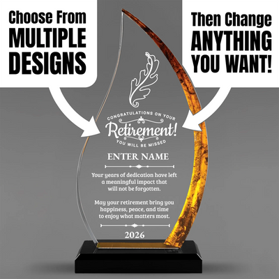 Retirement Awards - Acrylic Gold Flame Awards - Personalize Online – Choose From 5 Designs