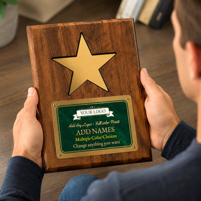 Gold Star Walnut Recognition Plaque  9" x 12" with Laser FX Plate