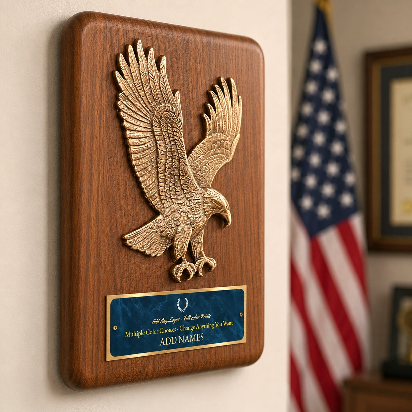 Sculpted Eagle Walnut Recognition Plaque 9" x 12" with Full Color Plate