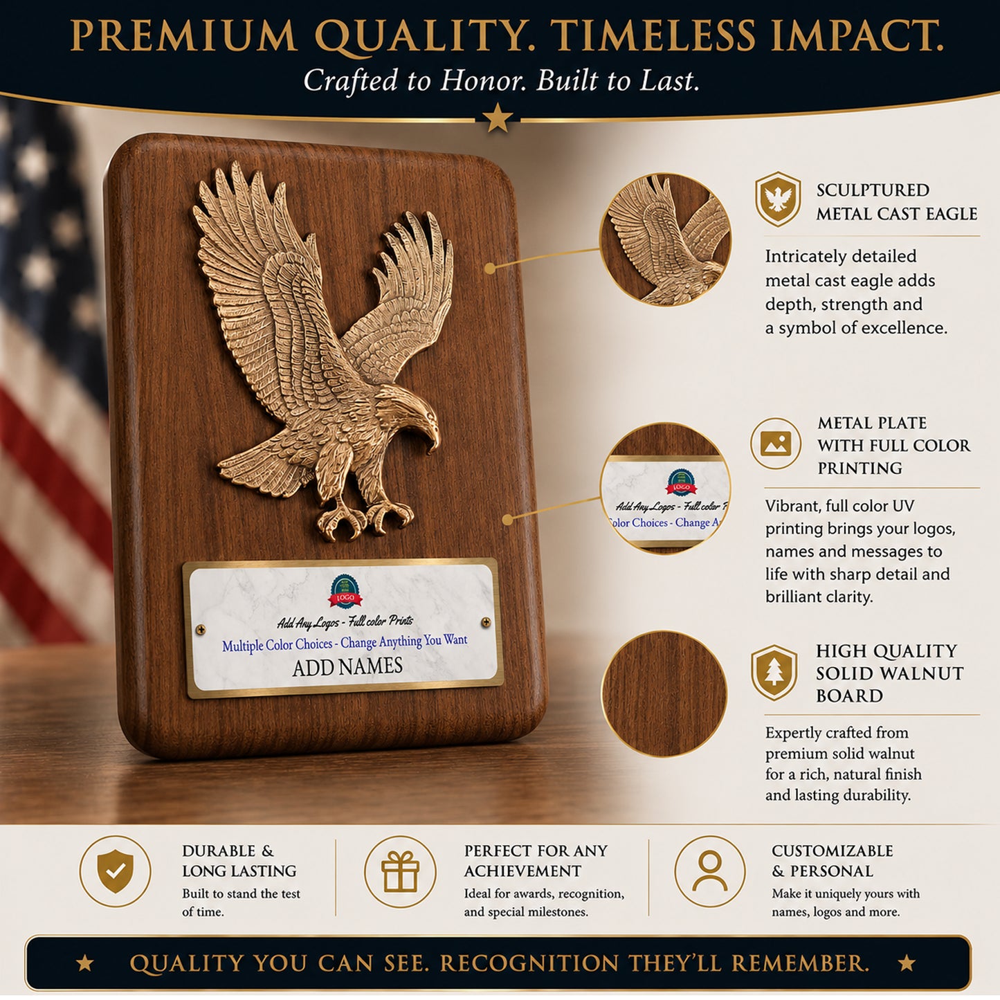 Sculpted Eagle Walnut Recognition Plaque 9" x 12" with Full Color Plate