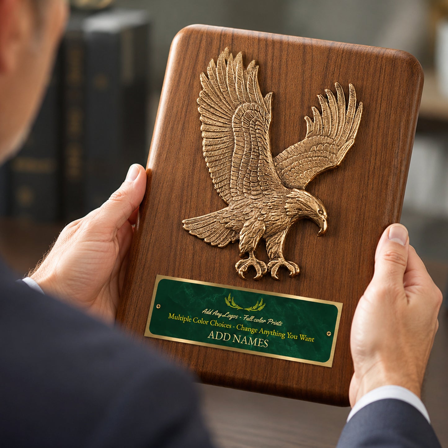 Sculpted Eagle Walnut Recognition Plaque 9" x 12" with Full Color Plate