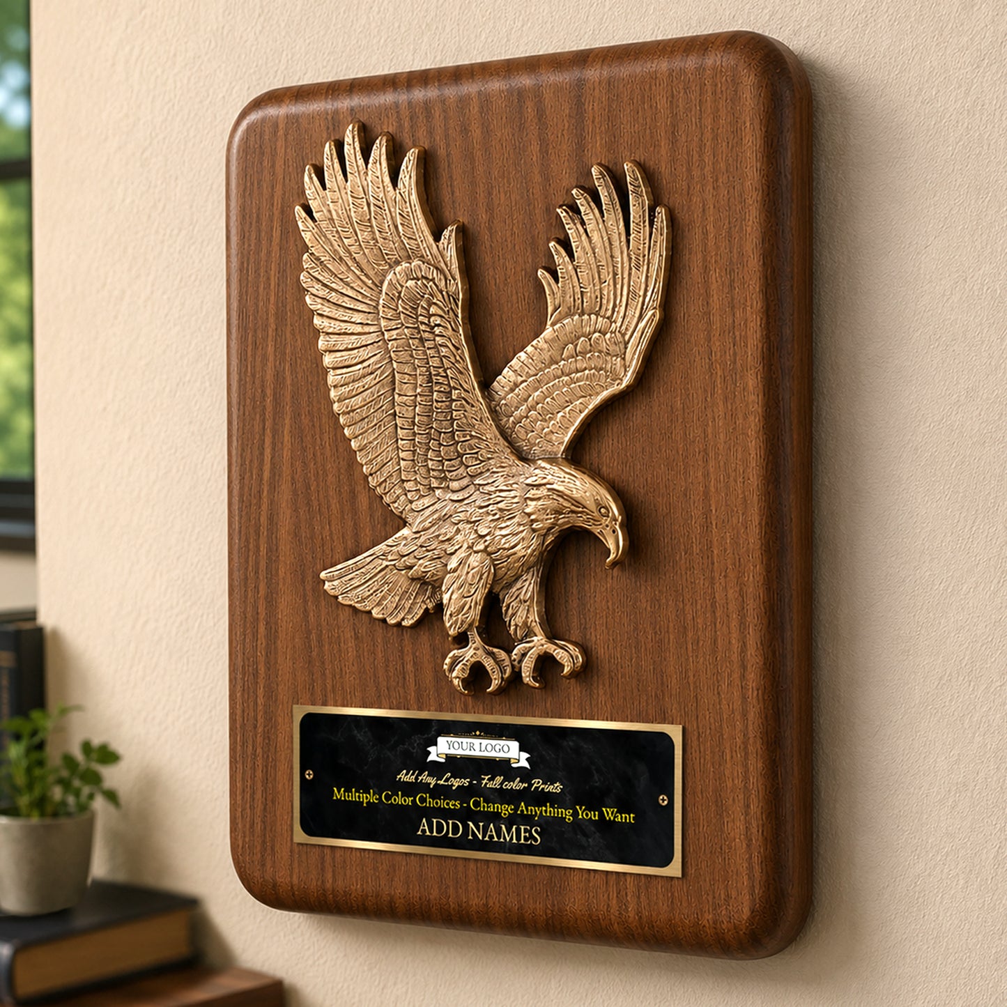 Sculpted Eagle Walnut Recognition Plaque 9" x 12" with Full Color Plate