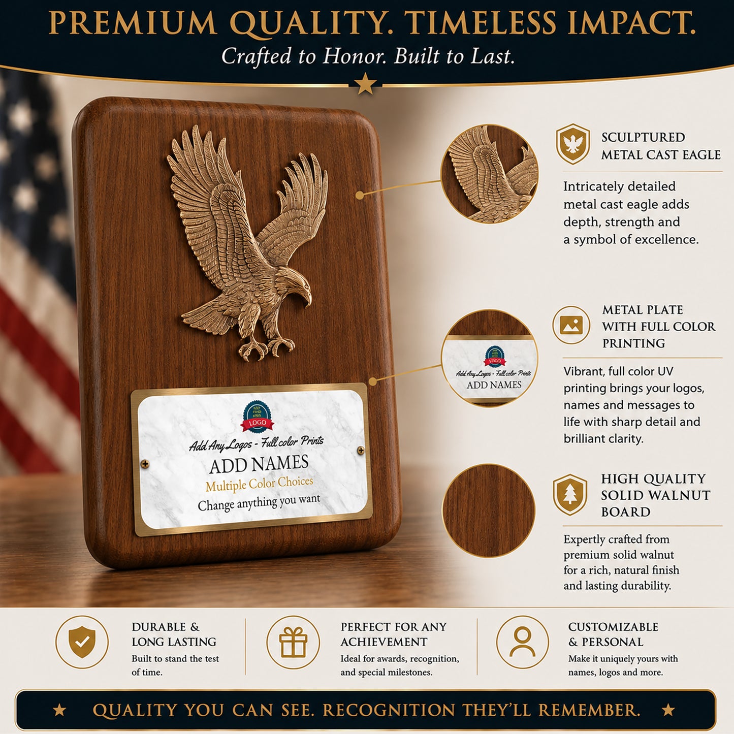 Sculpted Eagle Walnut Recognition Plaque 7" x 9" with Full Color Plate