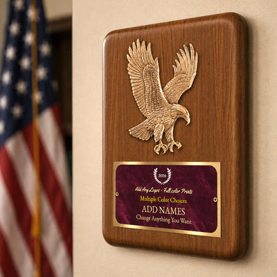 Sculpted Eagle Walnut Recognition Plaque 7" x 9" with Full Color Plate