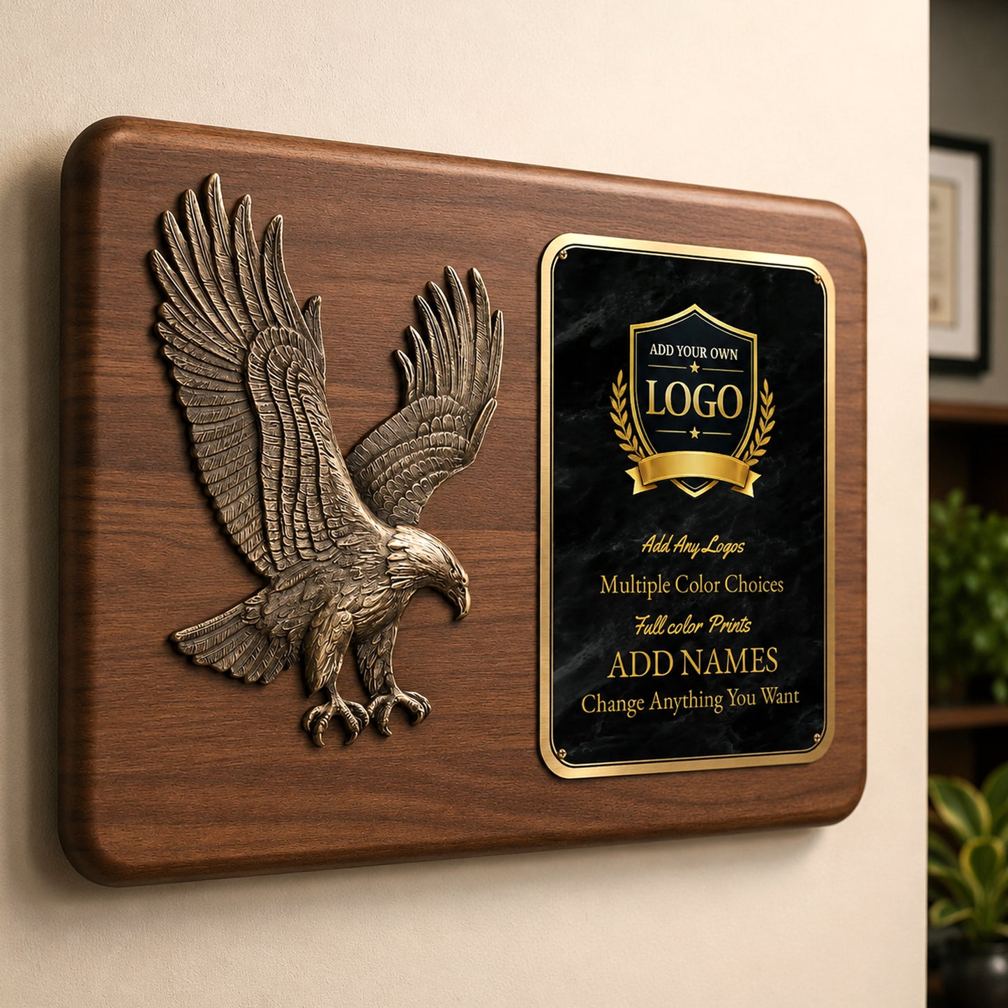 Sculpted Eagle Walnut Recognition Plaque with Full Color Plate – 15" x 11"