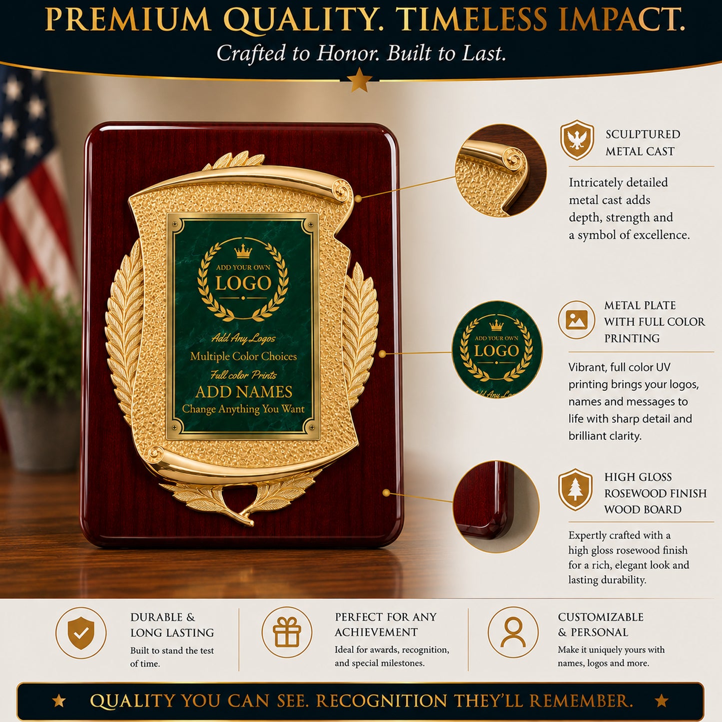 Cast Metal Scroll Rosewood Recognition Plaque with Full Color Plate – 11" x 15"