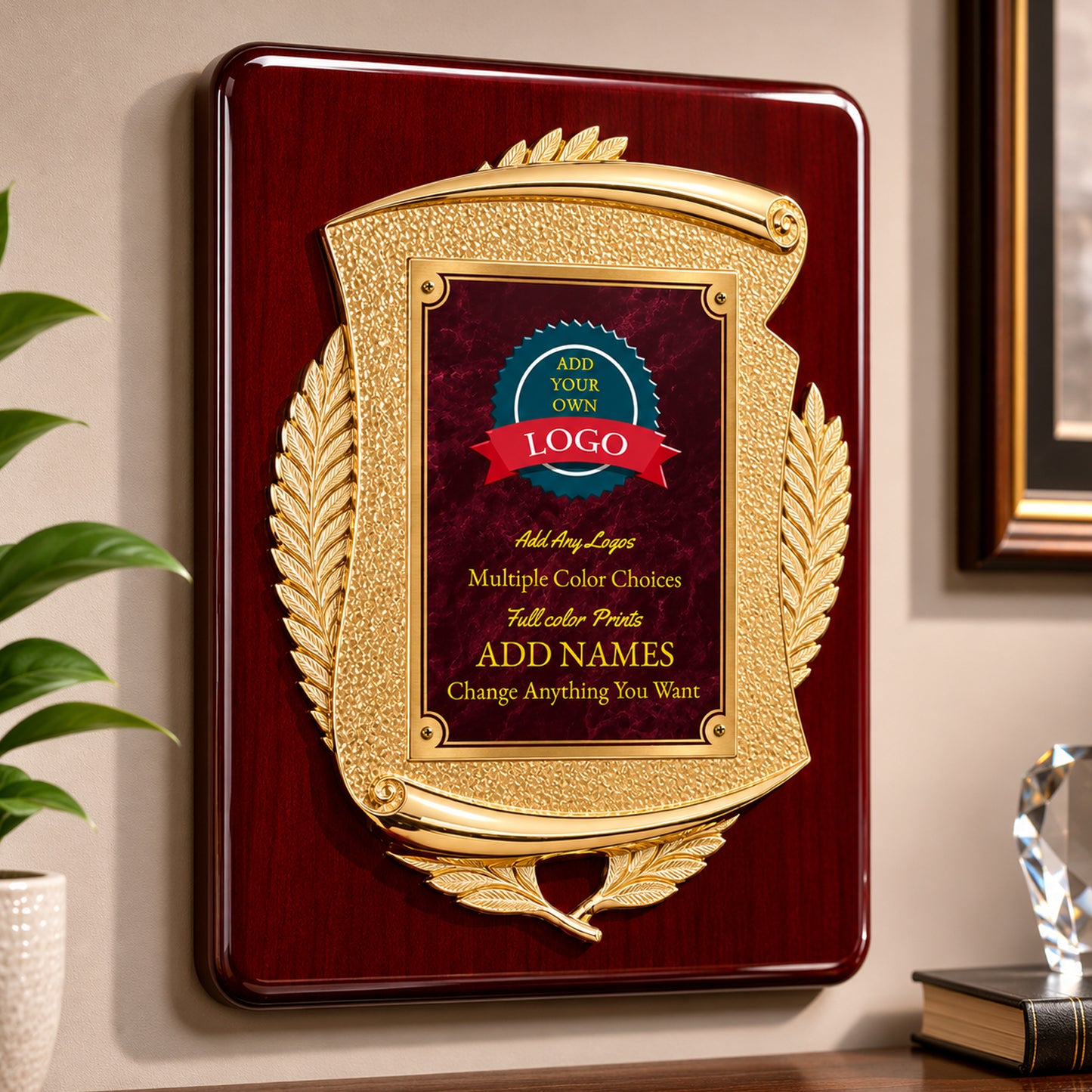 Cast Metal Scroll Rosewood Recognition Plaque with Full Color Plate – 11" x 15"