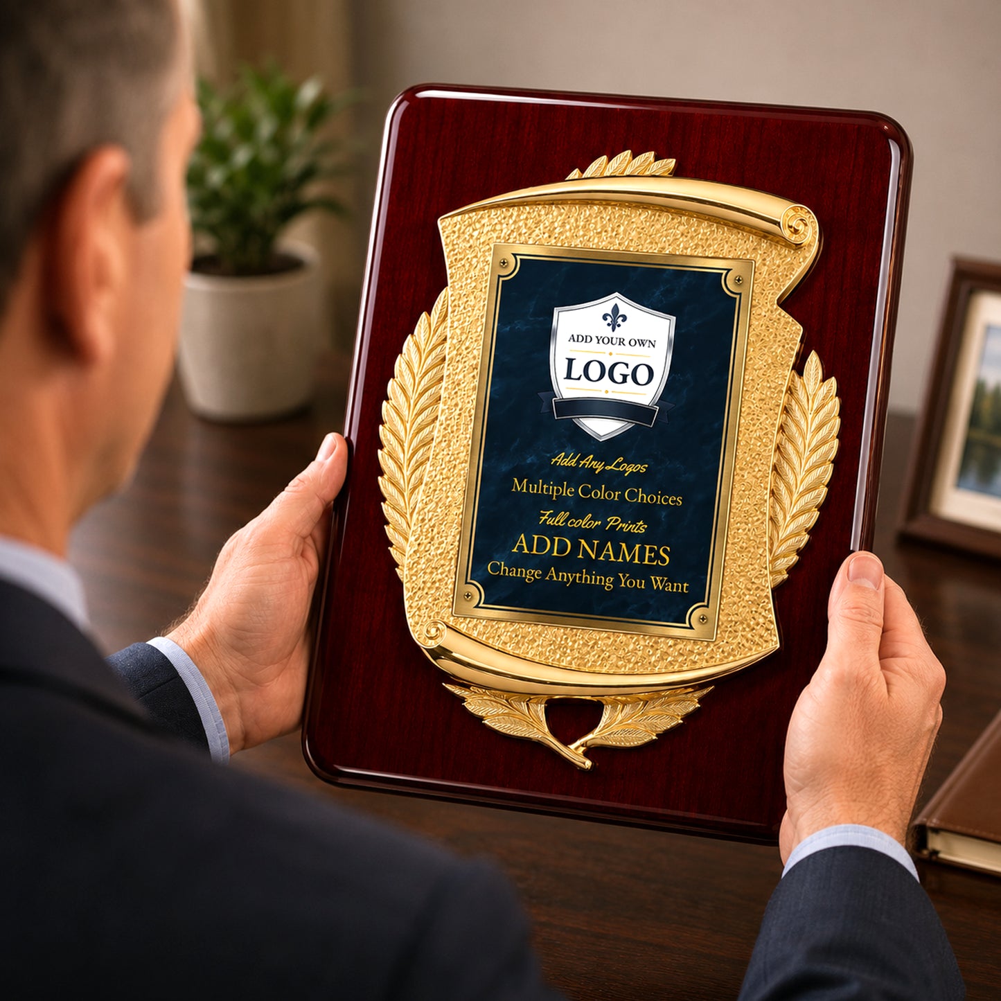 Cast Metal Scroll Rosewood Recognition Plaque with Full Color Plate – 11" x 15"