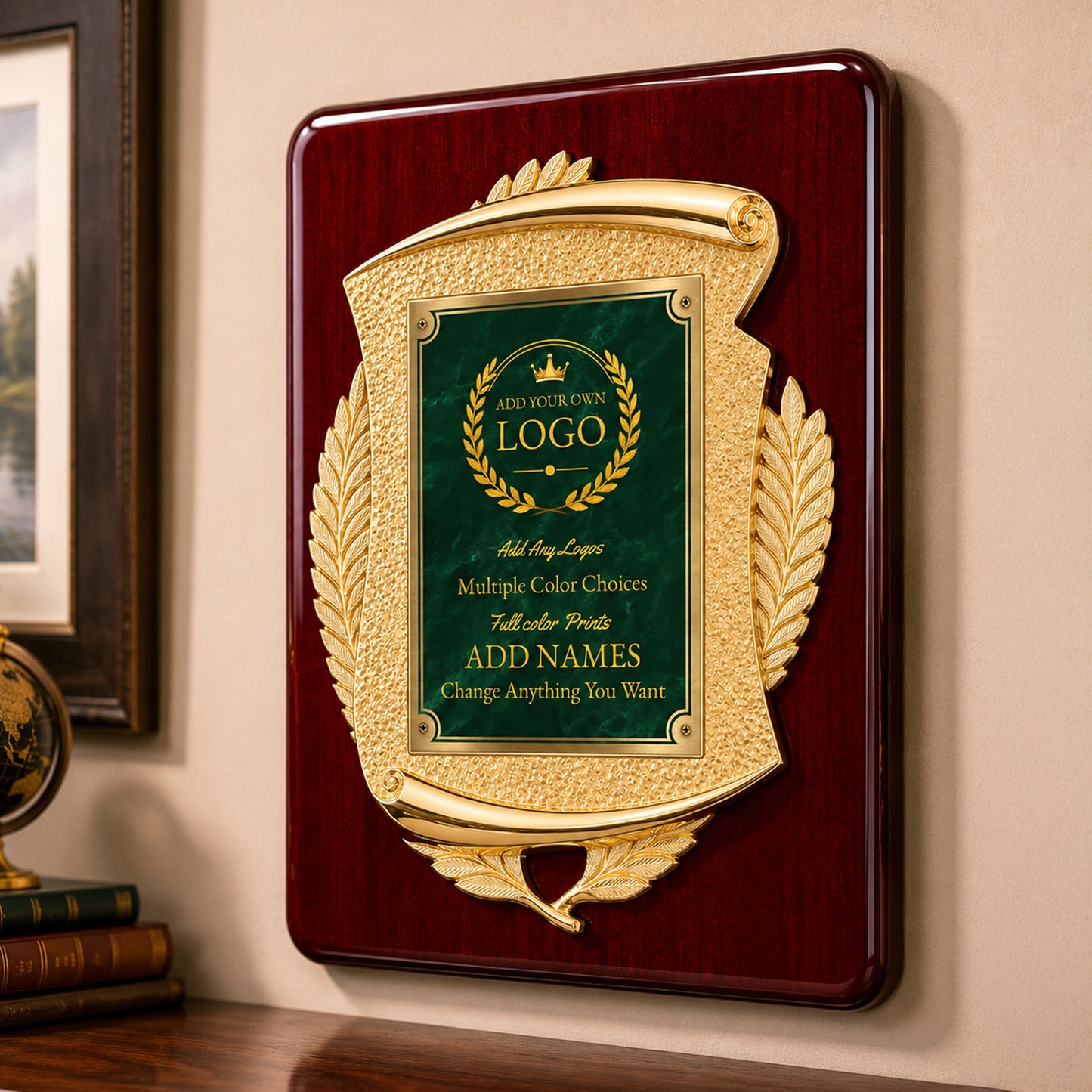 Cast Metal Scroll Rosewood Recognition Plaque with Full Color Plate – 11" x 15"