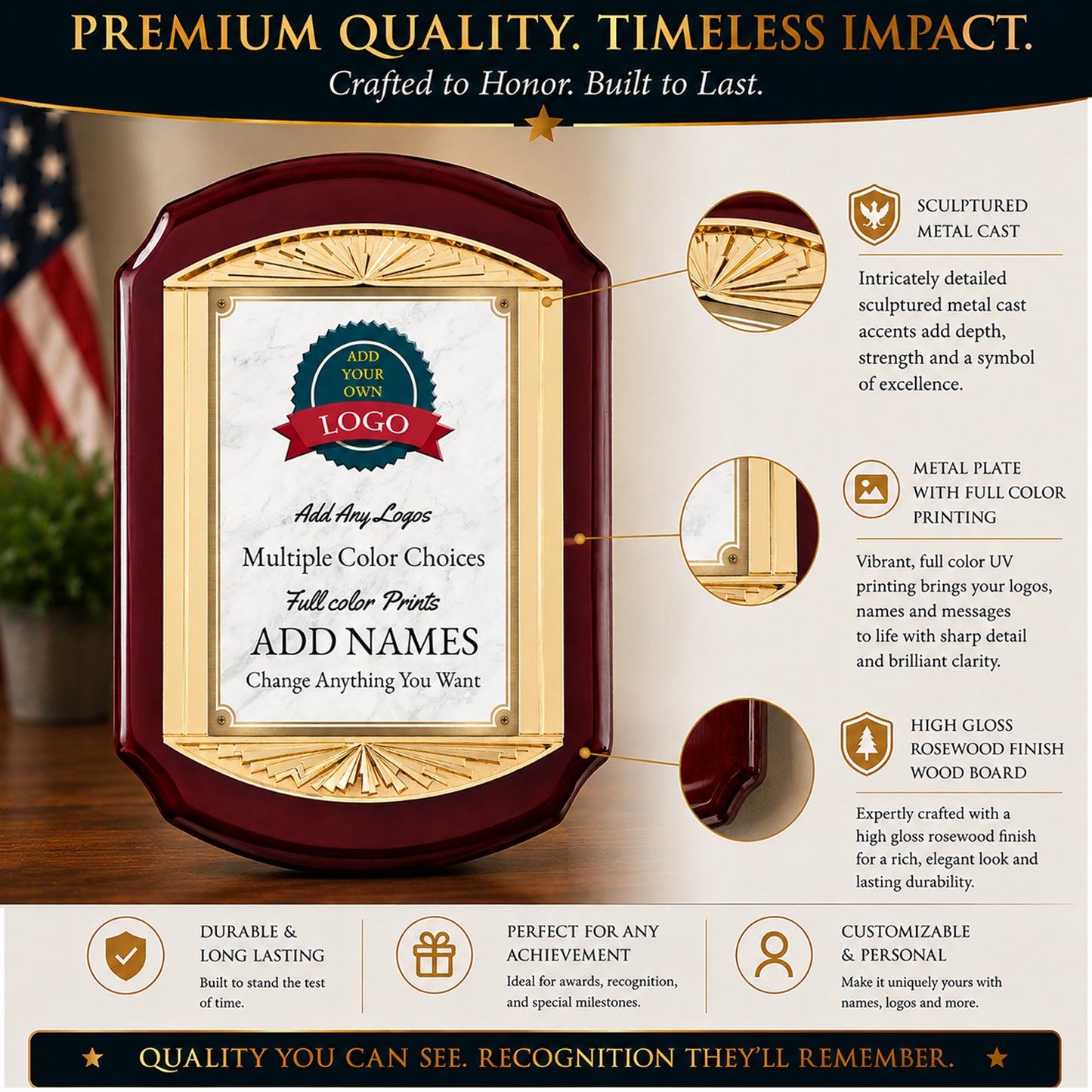 Cast Metal Rosewood Recognition Plaque with Full Color Plate – 11" x 15"