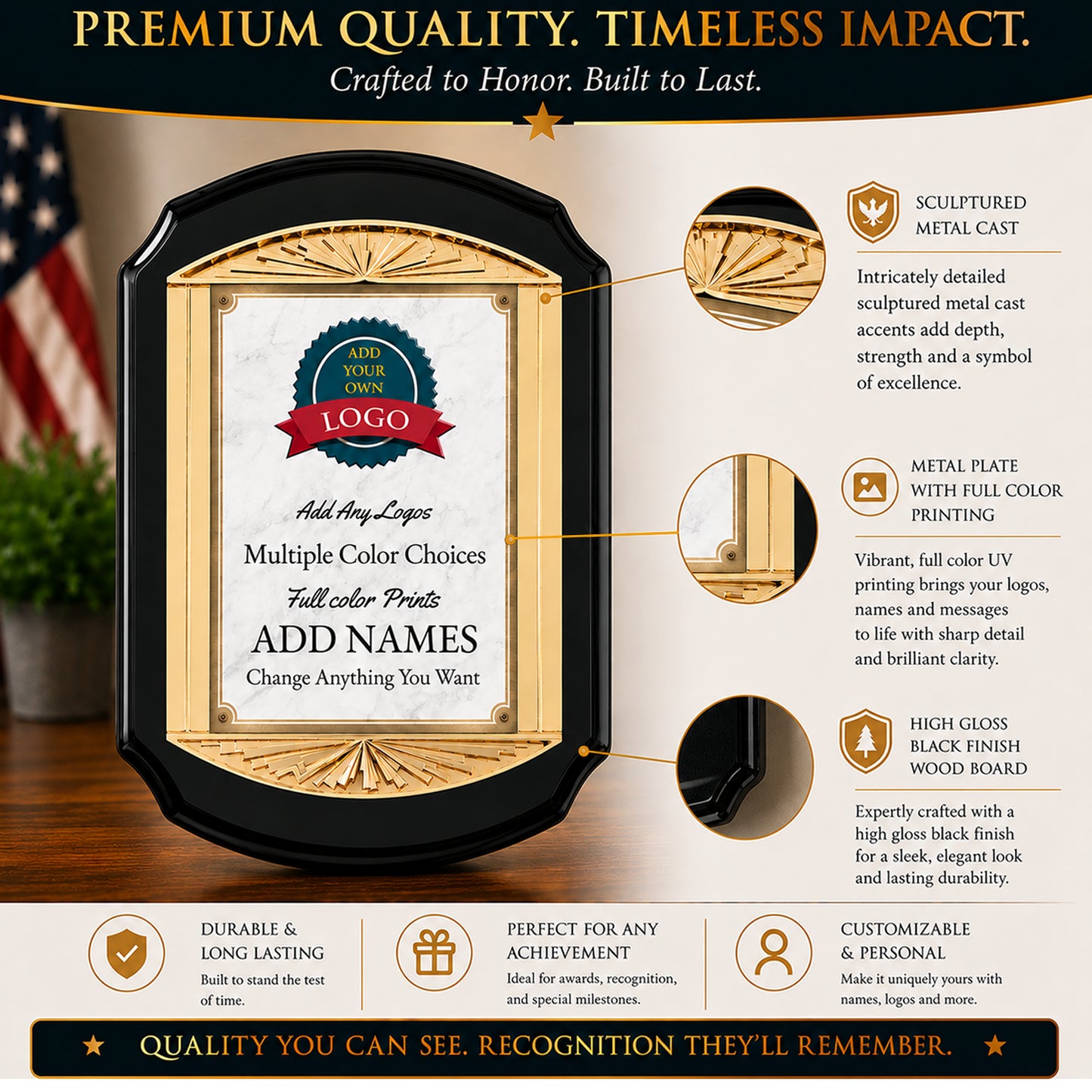 Cast Metal Black Rosewood Recognition Plaque with Full Color Plate – 11" x 15"