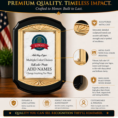 Cast Metal Black Rosewood Recognition Plaque with Full Color Plate – 11" x 15"
