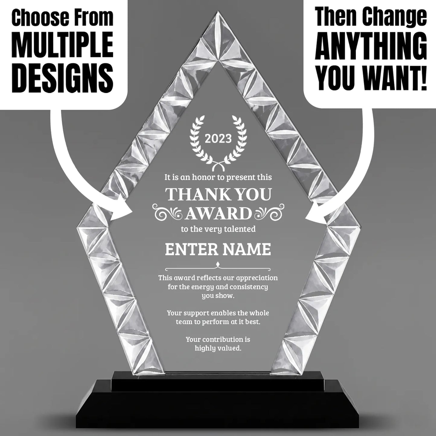 Thank You Awards - Diamond Accent Glass Awards - Personalize Online – Choose From 5 Designs