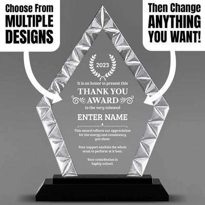 Thank You Awards - Diamond Accent Glass Awards - Personalize Online – Choose From 5 Designs