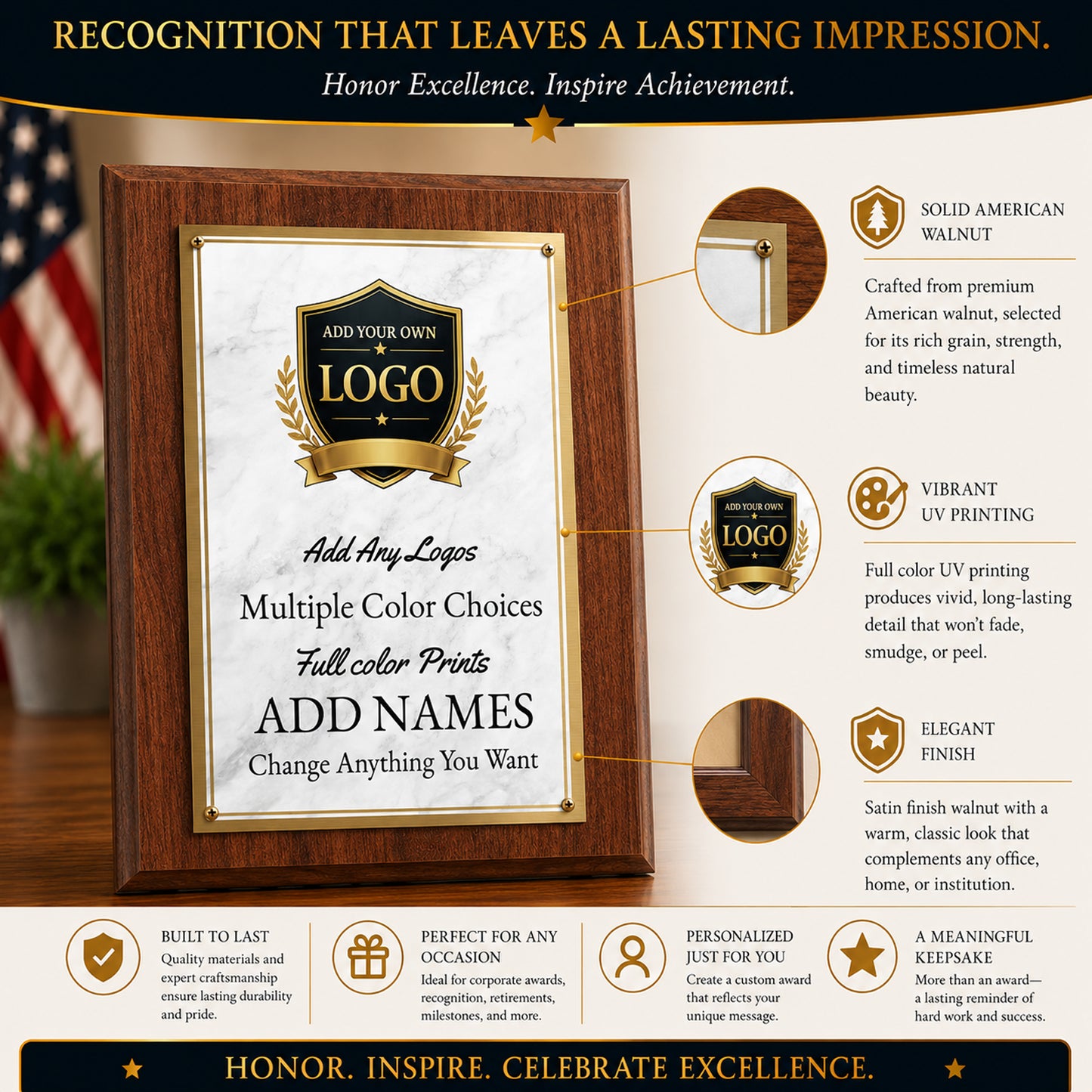 American Walnut With Marble Effect Metal Plaques - 6 Sizes