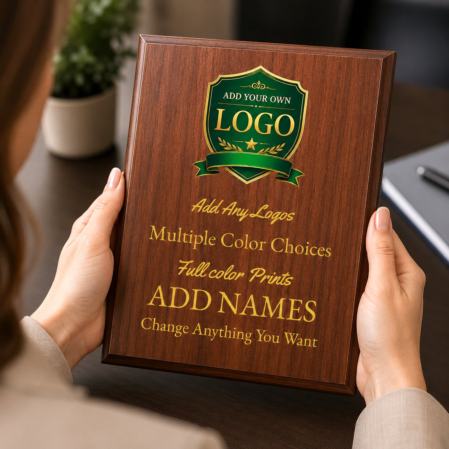 Custom Simulated Walnut Plaque with Full Color UV Printing - 4 Colors Available