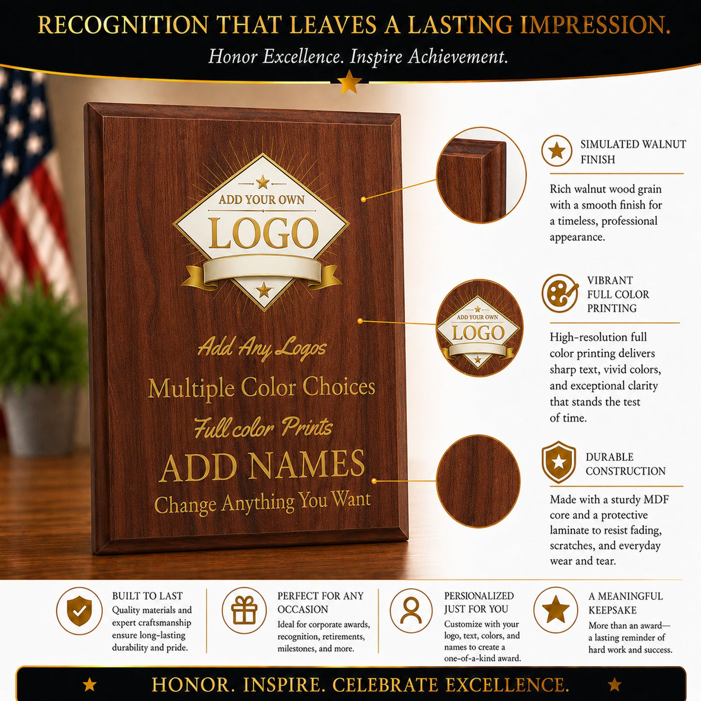 Custom Simulated Walnut Plaque with Full Color UV Printing - 4 Colors Available