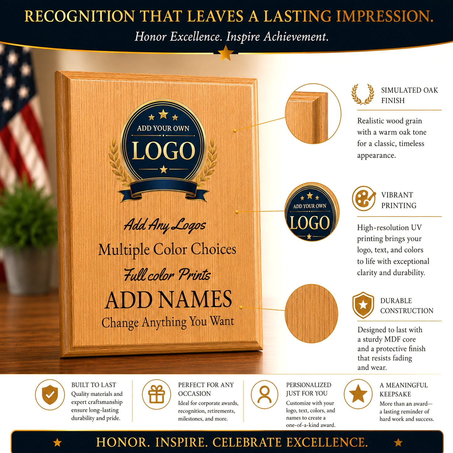 Custom Simulated Oak Plaque with Full Color UV Printing -  4 Colors Available