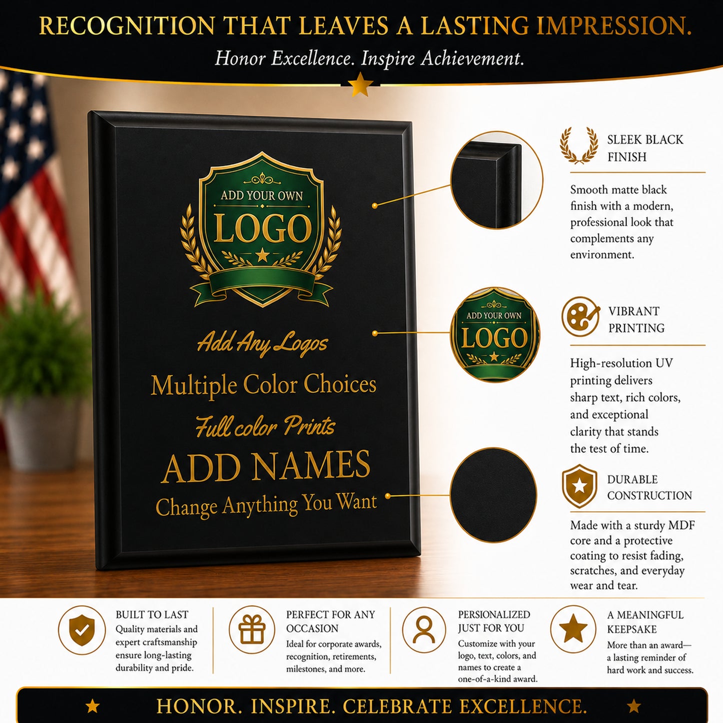 Custom Black Plaque with Full Color UV Printing -  4 Colors Available