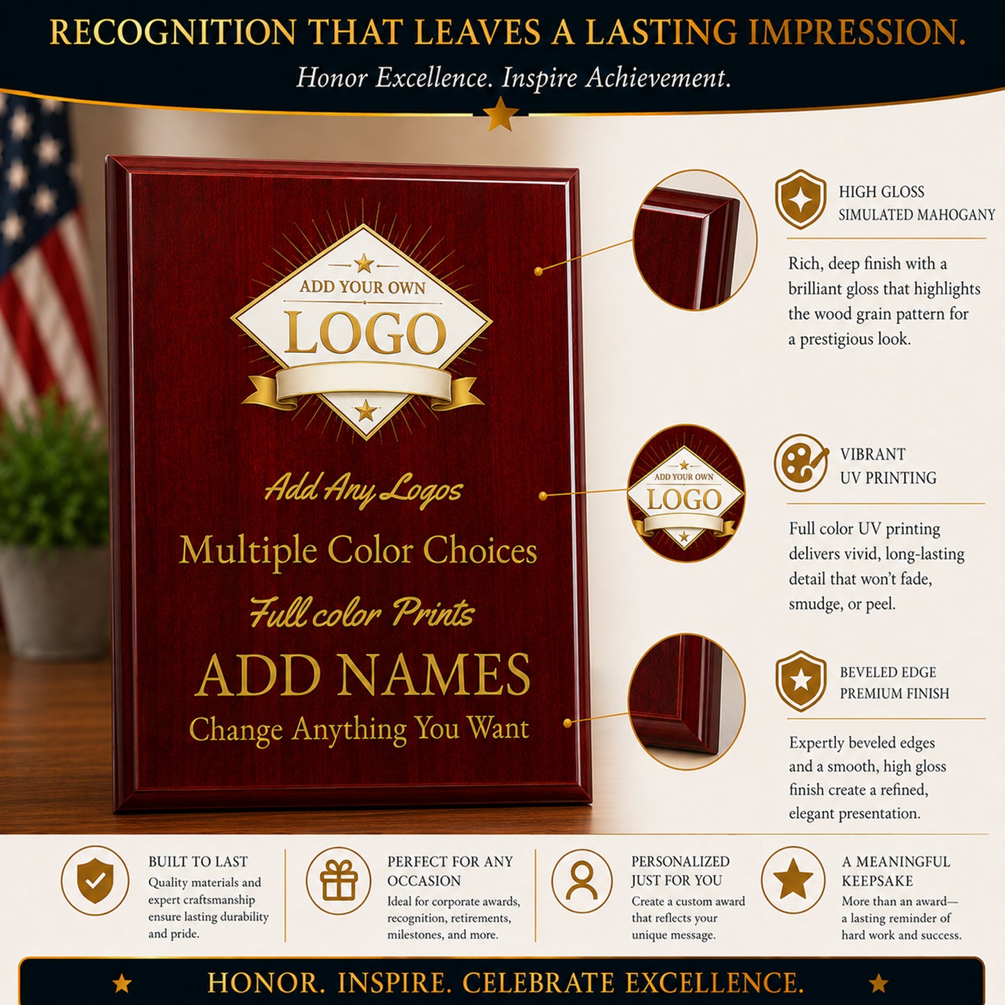 Custom Simulated Mahogany Plaque with Full Color UV Printing - 4 Colors Available