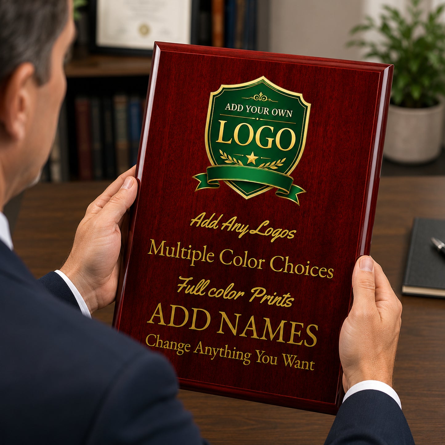 Custom Simulated Mahogany Plaque with Full Color UV Printing - 4 Colors Available