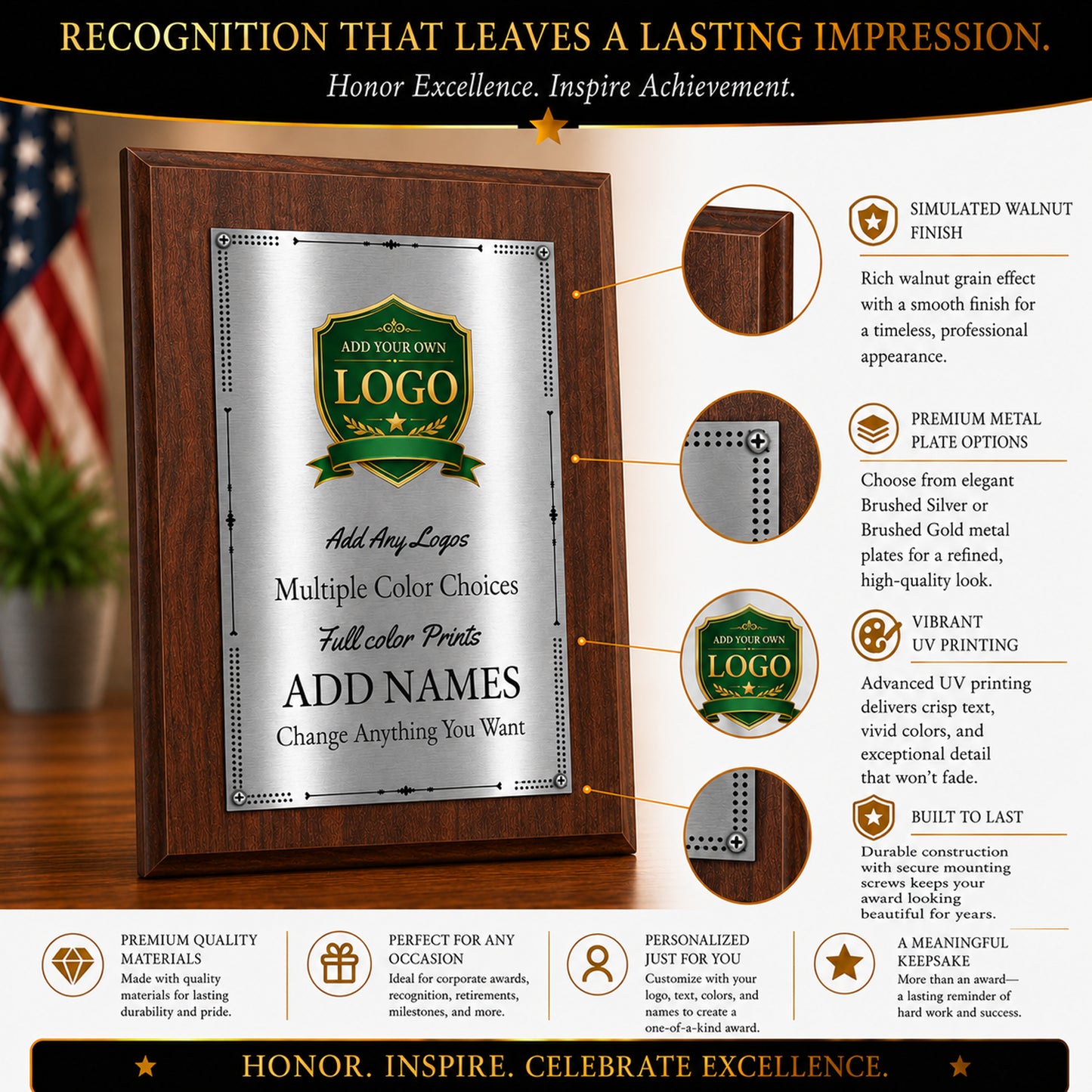 Classic Walnut Plaque Gold & Silver Metal Plate Personalize Online