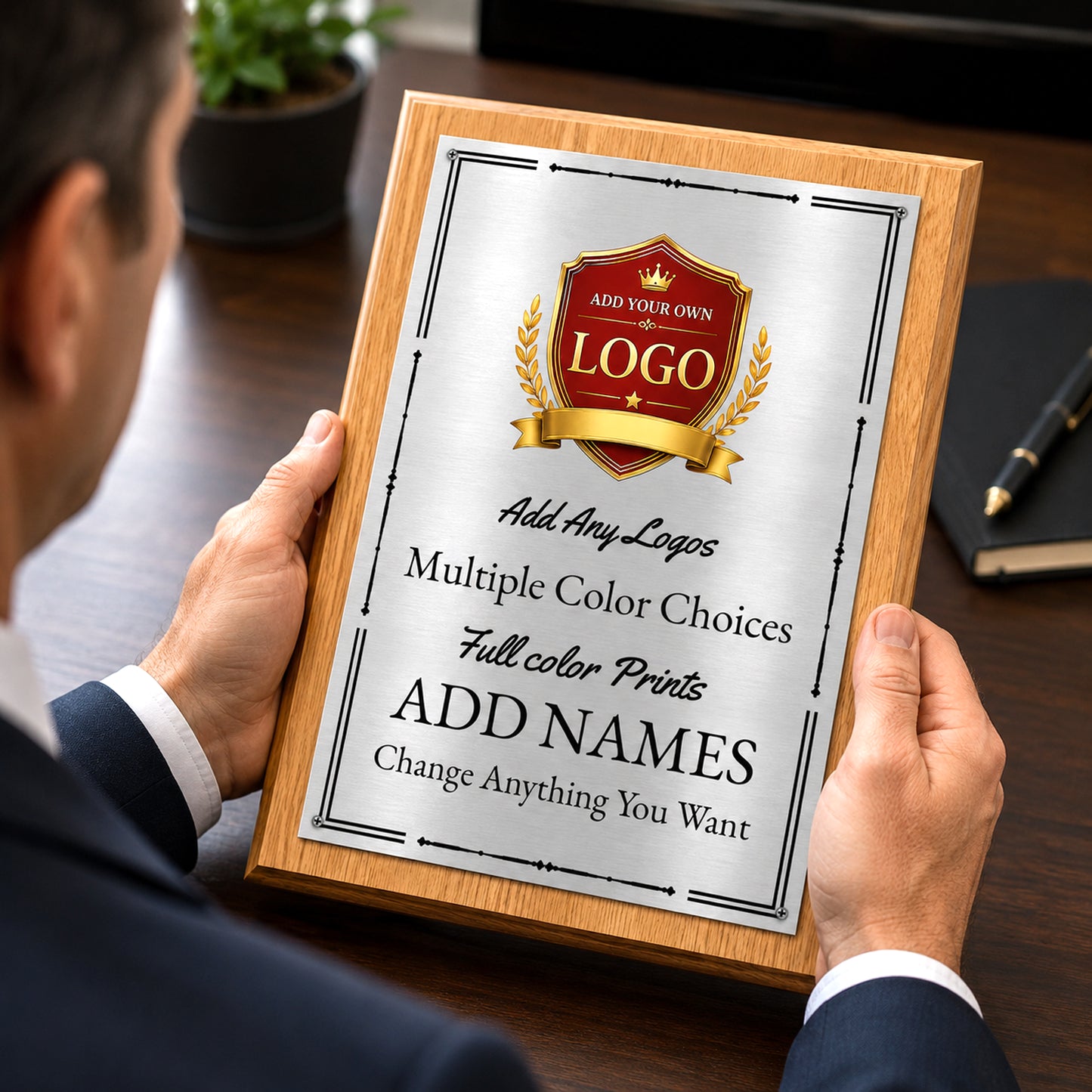 Classic Oak Plaque Gold & Silver Metal Plate Personalize Online