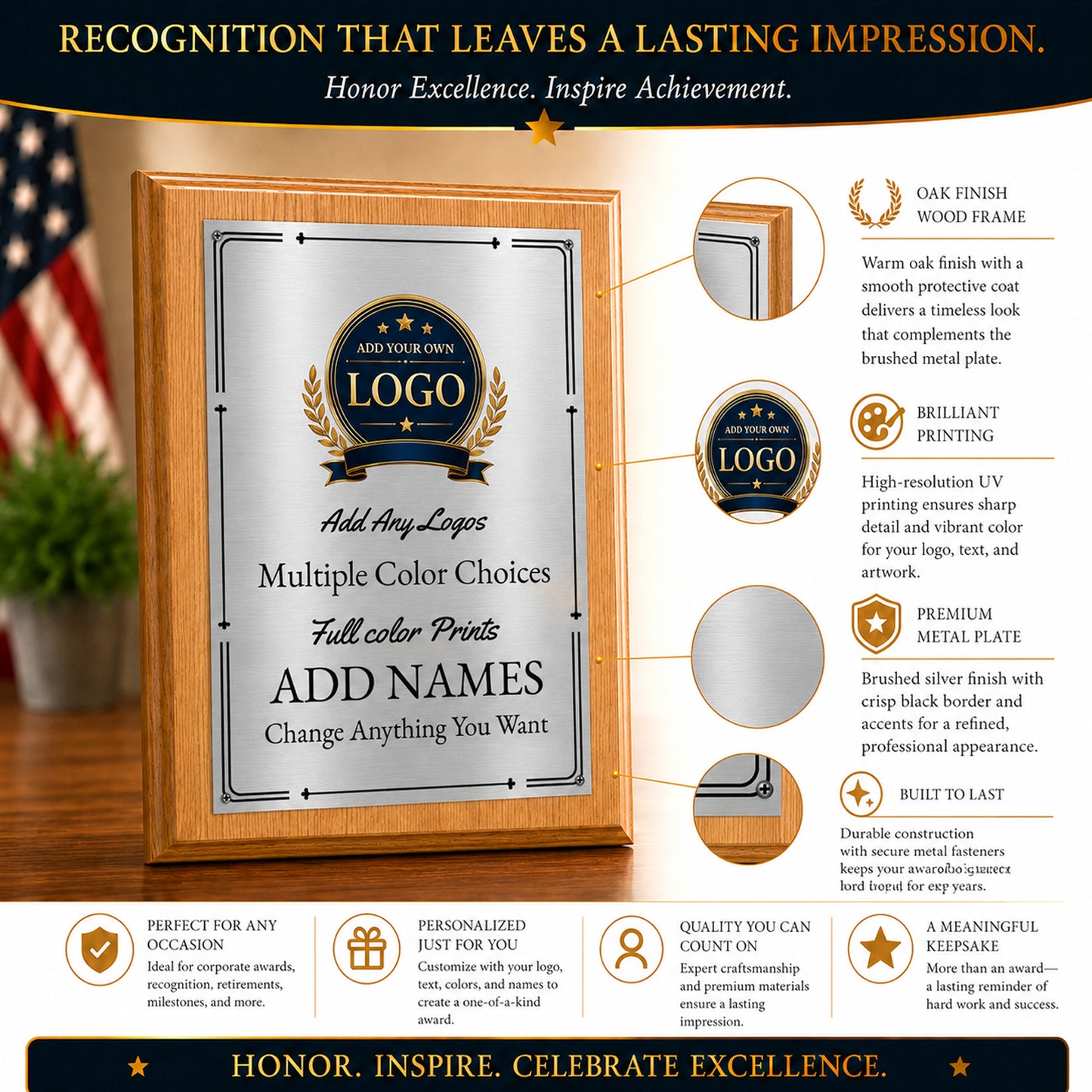 Classic Oak Plaque Gold & Silver Metal Plate Personalize Online