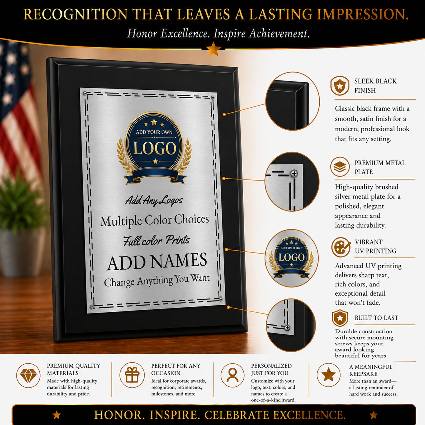 Classic Black Plaque Gold & Silver Metal Plate Personalize Online