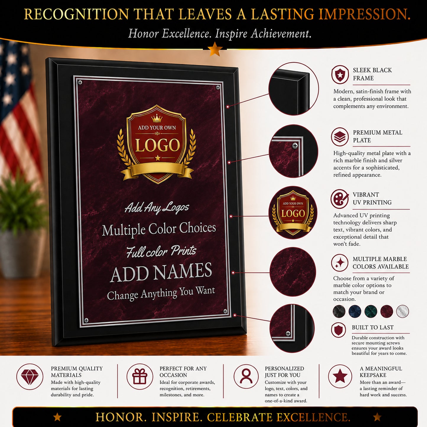 Classic Plaques Marble Effect Black & More - Multiple Sizes