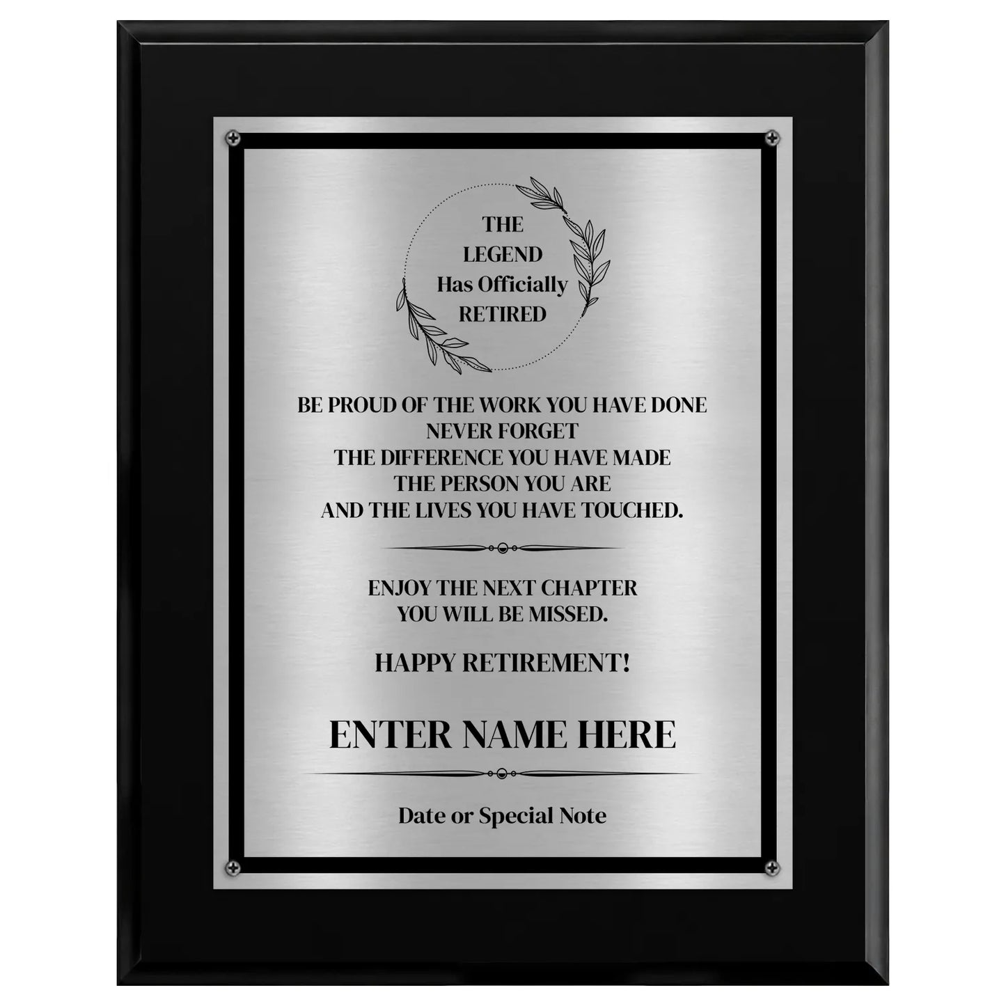 The Legend Has Officially Retired Classic Retirement Plaque - 4 Frame Colors - Brushed Silver & Gold Plate Options