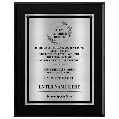 The Legend Has Officially Retired Classic Retirement Plaque - 4 Frame Colors - Brushed Silver & Gold Plate Options