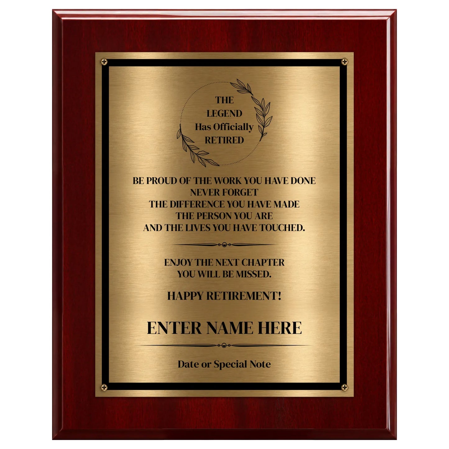 The Legend Has Officially Retired Classic Retirement Plaque - 4 Frame Colors - Brushed Silver & Gold Plate Options