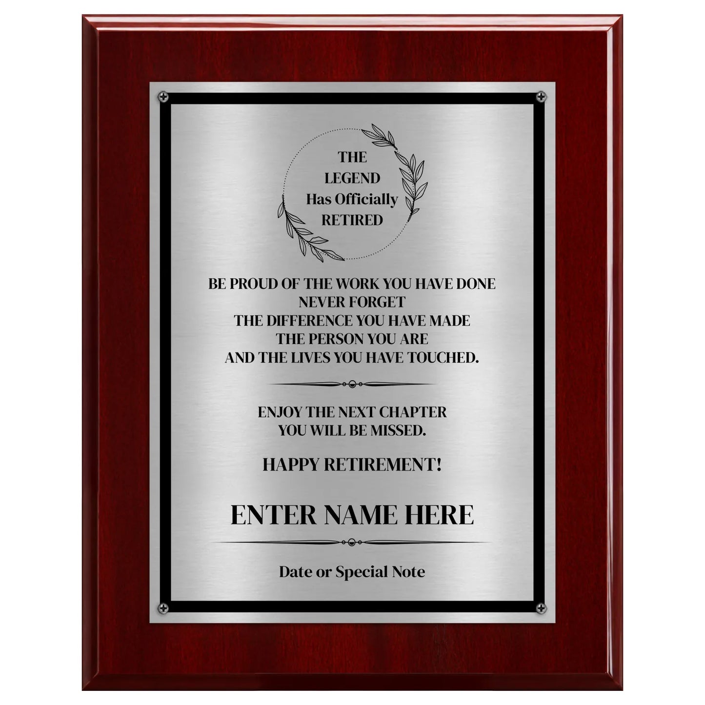 The Legend Has Officially Retired Classic Retirement Plaque - 4 Frame Colors - Brushed Silver & Gold Plate Options